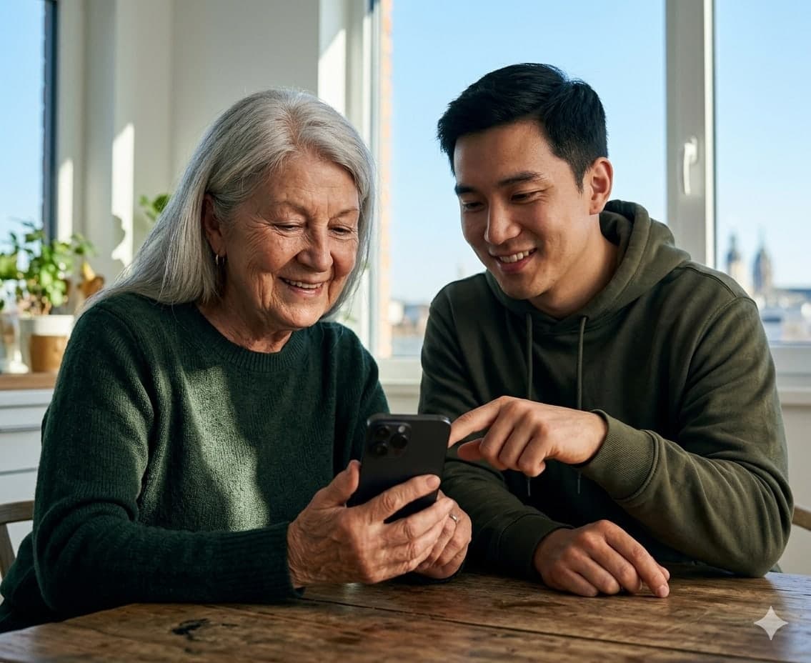 Ältere Frau und jüngerer Mann sehen gemeinsam auf ein Smartphone